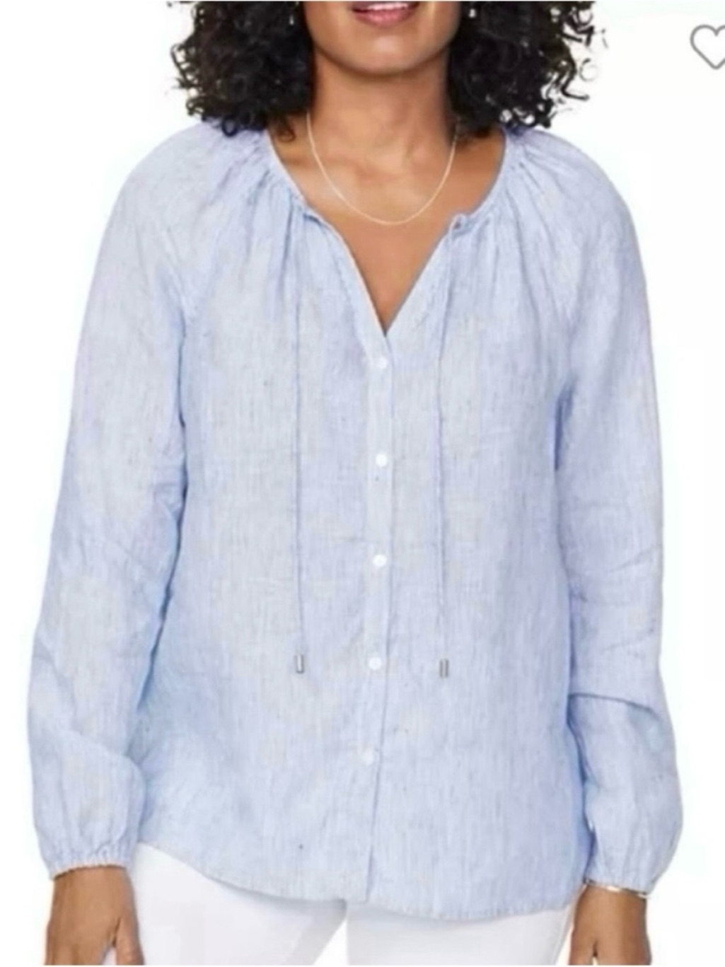 Nydj Blue Stripes Peasant Lightweight Breathable Linen Long Sleeve Beach Blouse